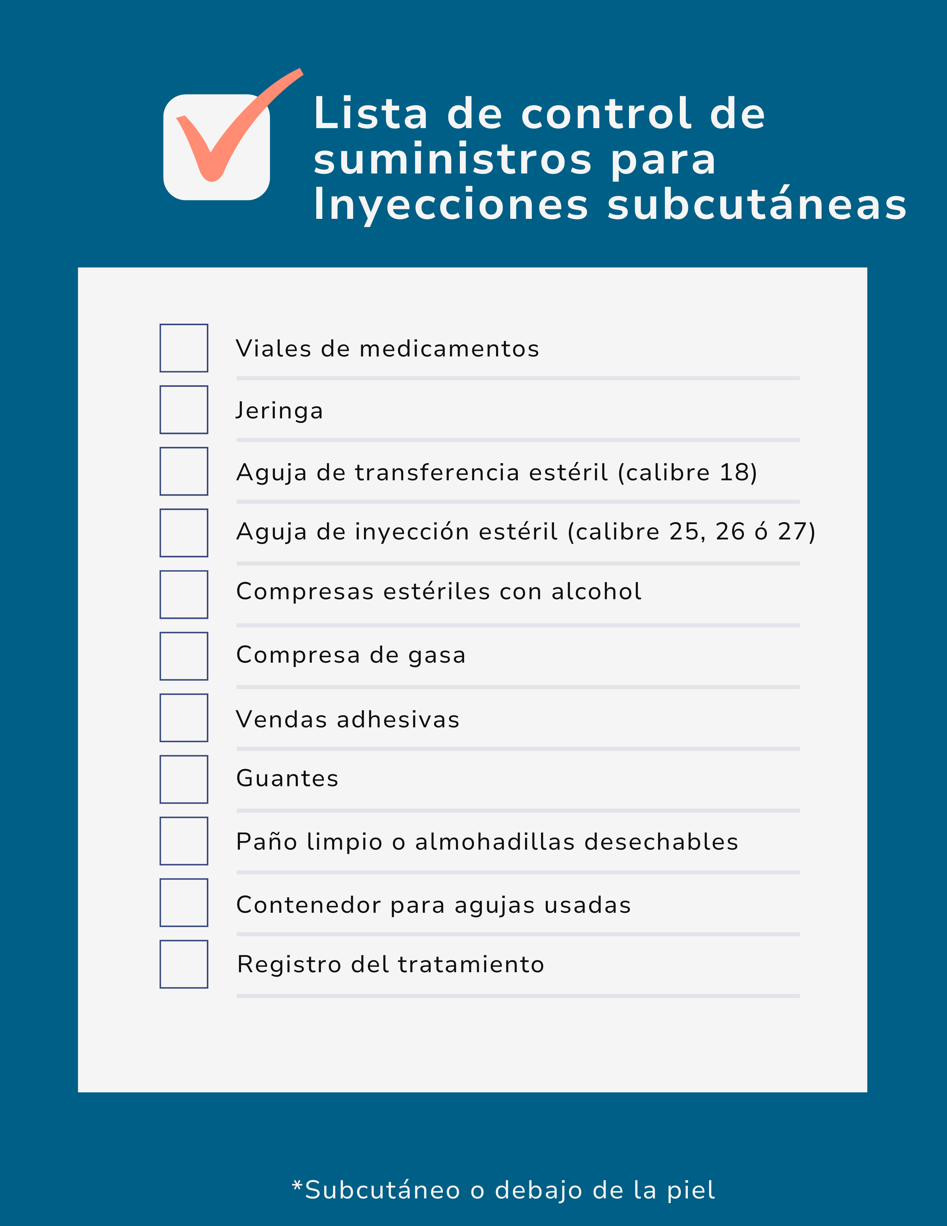 Lista de control de suministros para Inyecciones subcutáneas - Adultos